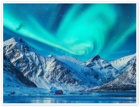 Nordlichter über den Lofoten Poster 80 x 60 cm Blau Wandbilder Wanddeko