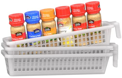 Narrow Storage Bins - Set of 3 Spice Baskets - Plastic Trays for Organizing Kitchen Cabinets, Pantries, Shelves, Fridge, and Countertops - Spice Holder for Inside Cabinets, Small Fridge Organizer