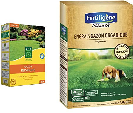 BHS GRU1 | 1kg | 40m² | Gazon Rustique plus résistant et mieux protégé | Rapide et Durable | Tous Types de Terrain et Climats & NATUREN Engrais Gazon Organique 100m² 2,5kg