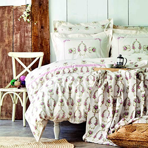 Karaca Home Alfia Powder 100% Baumwolle Doppel-Bettbezug Set, Bettbezug 200 cm x 220 cm, Bettlaken 240 cm x 260 cm, Kissenbezug 50 cm x 70 cm, Doppel Bettdecke-Set für Zwei Personen
