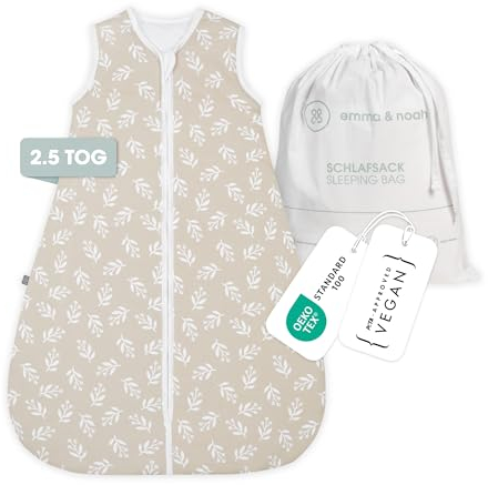emma & noah Baby Schlafsack 2.5 TOG, Strampelsack für den Herbst und Winter in vielen Farben, Bio-Baumwolle, OEKO-TEX Zertifiziert, Schlafsack für Neugeborene (Floral Sand, 80 cm)