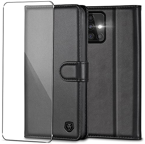 Handyhülle für Samsung A51 Hülle mit Panzerglas Schutzfolie Premium PU Leder Klapphülle mit Magnet Brieftasche Kartenfach RFID Schutzhülle Handytasche Etui Cover für Samsung A51 Galaxy Case - Schwarz
