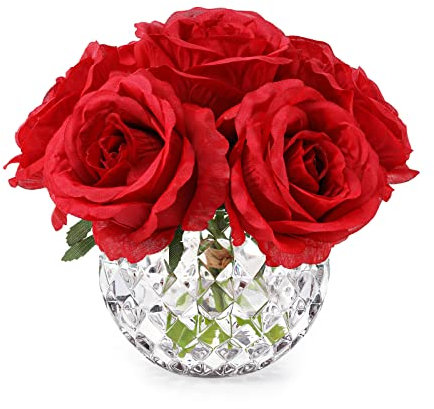 rubystory 7 große Stiele Rose Rot Künstliche Blumen in Vase, Seidenblumen Arrangement in runder Glasvase ohne Wasser für Heimdekoration, Hochzeitstisch (Rot)