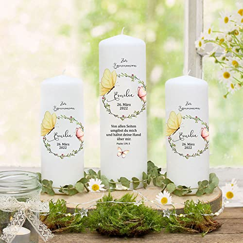 Kommunionskerze Patenkerze Gastkerze Lichthülle Schmetterlinge Blumenkranz Wunschname Spruch wk236 - ausgewählte Größe: *4. 1x Taufkerze + 2x Patenkerzen*