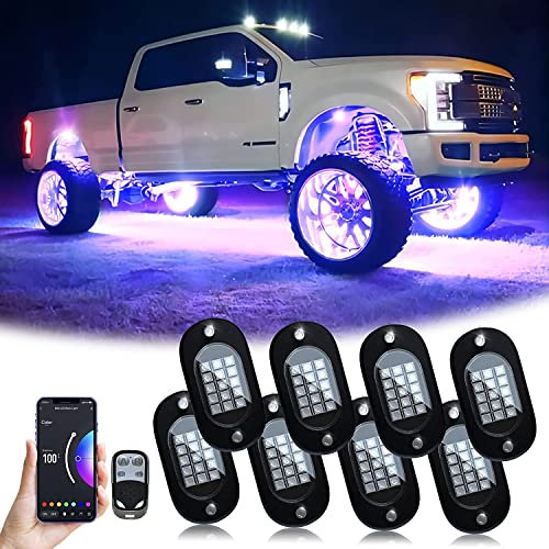 YiLaie RGB LED Rock Lights With Bluetooth App Controller, Car Underglow Lighting Kit for Truck ATV SUV, Music Mode With Timing Function, Accessories Gifts for Men Women (8 Pods)
