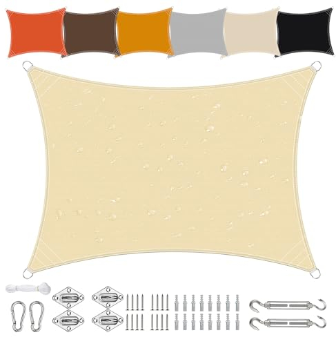 Sonnensegel Wasserdicht Rechteckig 3x6m aus PES-Polyester 95% UV-Schutz Witterungsbeständig Reißfest in Vielen Größen und Farben mit Befestigungsset für Terrasse Garten Balkon-Beige