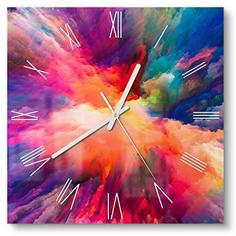 DEQORI Glasuhr | 30x30 cm | Motiv Bunte Farbwolke | ausgefallene leise Design Uhr aus Glas | Wanduhr für Wohnzimmer & Küche | moderne Hingucker Uhr für die Wand