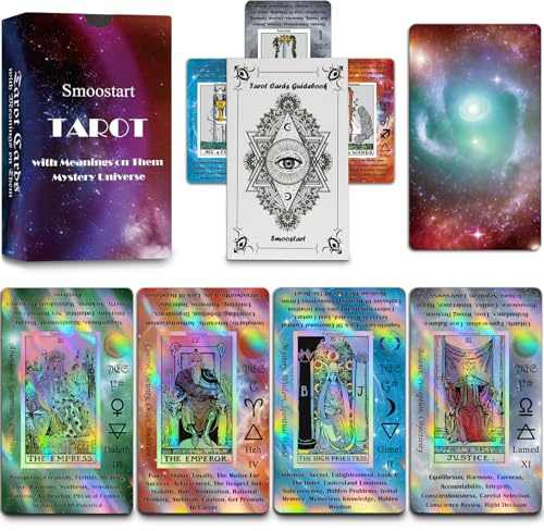 Smoostart Holografische Englische Tarotkarten für Anfänger mit Deutungen | 4 Farbgruppen für vier Elemente. Laser-Holografisch. Jede Karte: Schlüsselwörter-Ja/Nein-Elemente-Planeten-Chakren. Handbuch