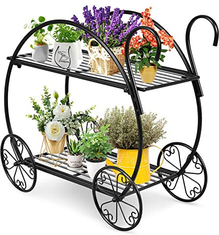 RELAX4LIFE Porte-plantes Interieur à 2 Niveaux, Étagère Plante en Fer Forgé 60x35x66cm, Support Plantes en Forme de Chariot avec Roulettes Décoratives, Style Rétro pourMaison Serre Patio, Noir