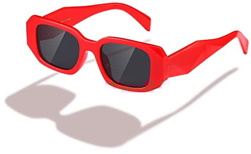 kimorn Rechteck Sonnenbrille für Frauen Männer Trendy Retro Trendy Sonnenbrille 90's Vintage Square Frame (Roter Rahmen graue Linse)