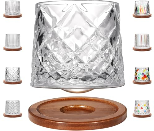 Uten Calice da Acqua Rotante, 275 ML/10 OZ Bicchiere Whisky Cristallo, Sottobicchiere in Bambù, Sensazione Spessa, Coppa da Rum Vetro Latte, Relax e Decompressione, 1 Bicchiere
