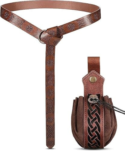 2er Halloween Nekromanten Anzug,Mittelalter GüRtel,Mittelalterlicher Kunstledergürtel+Leder Wikingertasche,Mittelalterliche Kunstledertasche mit Kordelzug,für Halloween Cosplay Ritter Wikinger Kostüm