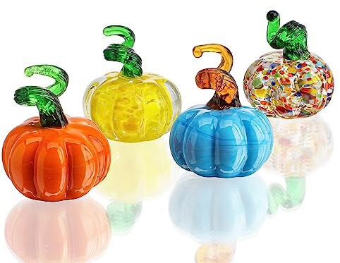 4 Stück Kürbisfiguren aus mundgeblasenem Glas, Mini Halloween Kristall Kürbis Kunstornamente für Familien Thanksgiving