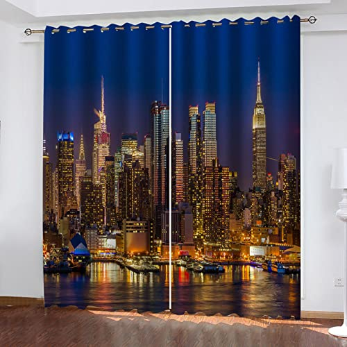 Hundnsney Vorhänge Wohnzimmer Modern Blickdicht 2Er Set 3D New York City-Nachtansicht Muster Schlaufenschal Verdunkelungsvorhang Vorhänge Lärmminderung Gardinen Fensterdekoration 210X220cm(HxB)