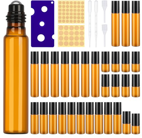 umorismo 30 Stück Roll on Glasflaschen für Ätherisches Öl, 10/5/3/2ml Roll on Flasche Leer Ätherische Öle Roller Glasflaschen mit Öffner, Etiketten, Pipetten, Trichter