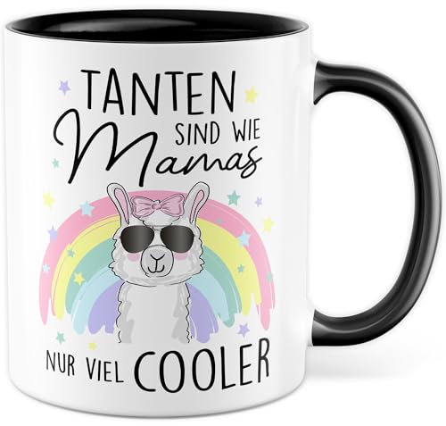 Tante Tasse mit Spruch - Geschenk Tanten sind wie Mamas nur viel cooler - Kaffeetasse aus Keramik 330ml - Geschenkidee Schwester Geburt Nichte Neffe Patentante Kaffee-Becher (Weiß/Schwarz)
