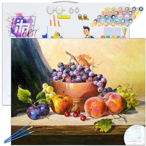 ITA Art Malen nach Zahlen Komplett Set mit Keilrahmen, Acrylfarben, Pinseln, Zubehör, Geschenkbox - DIY Gemälde Bastelset Kit mit Leinwand für Erwachsene, 40x50 cm, Stillleben mit Trauben