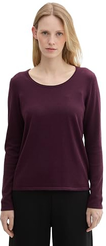 Tom Tailor Damen Basic Pullover mit Rundhalsausschnitt,35796 - BlackBerry, L