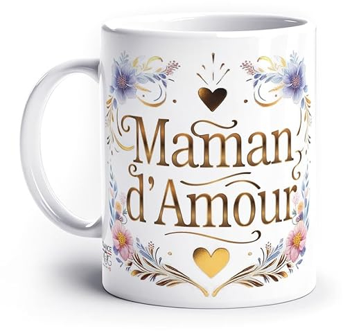 France Mug - 'Maman D'Amour' - (Collection Maman) - Café Thé Idée Cadeau Original Anniversaire Fête Mère Florale Cœur Fantaisie Famille
