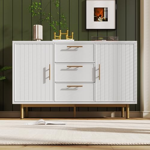 ModernLuxe Chest of Drawers with 2 Doors and 3 Drawers, Hallway Storage Unit with Metal Legs, Living Room Cabinets with 2 Adjustable Shelves, Sideboard Storage Cabinet, White, 120 x 40 x 75 cm