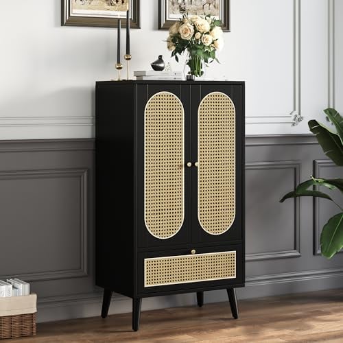 HAINEW Modern Rattan Sideboard mit 2 Tür aus Rattan und 1 Schublade, 110 cm Hoch Highboard Kommode Standschrank Buffet Beistellschrank Aufbewahrungsschrank Küchenschrank, 60×40×110,5cm, Schwarz