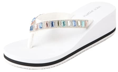 VICT POPU Flip Flops Damen Glitzer Keilsandalen Plateau Elegant Für Sommer Pantoletten Flach Rutschfeste Strand Zehentrenner Sandalen Weiß EU 38