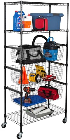 Rollregal mit 3 Regalböden, verstellbar, robustes Lagerregal (90 kg pro Regal), Stahl-Organizer-Drahtregal mit 3 ausziehbaren Körben (18 kg pro Korb), schwarz, 90,4 x 45,5 x 186,9 cm (L x B x H)