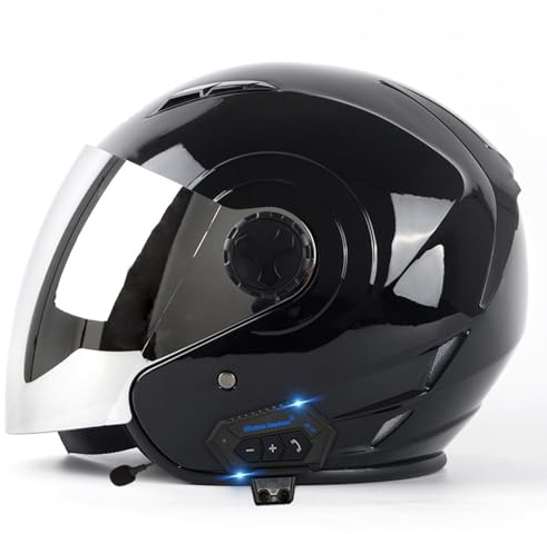 Motorrad-Jethelm Bluetooth, Motorradhelme mit integriertem Mikrofon, Bluetooth-Rollerhelm mit offenem Gesicht, Motocross-Helme mit HD-Visier, DOT/ECE-Zulassung G,L=59-60CM