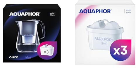 AQUAPHOR Onyx Black Water Filter Jug - Counter Top Design with 4.2L Capacity, 3 X MAX & Maxfor+ with Added Magnesium Replacement Filter Cartridge Pack of 3, Compatible with All Aquaphor Maxfor+ Filte
