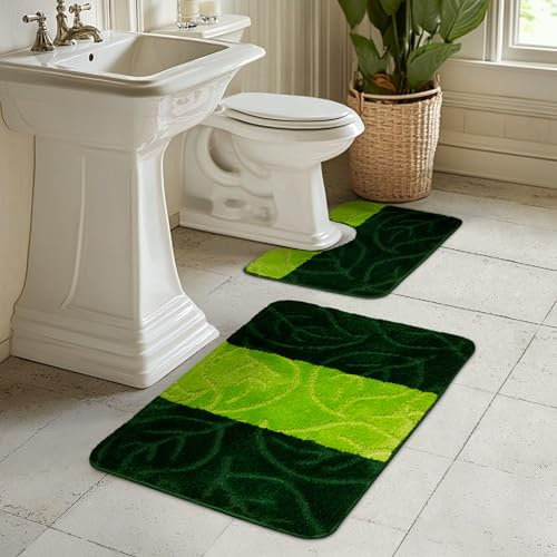AKCILA Milano 2-teiliges Bad Teppich Set Grün - Rutschfester Badezimmerteppich, Waschbare Rechteckiger Badewannen-Vorleger, Badematten & Badteppiche