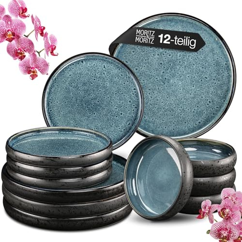 Moritz & Moritz Steingut Geschirrset 4 Personen, 12-tlg. - Blau, Schüssel- und Teller Set aus robustem Steingut, Kombiservice Tafelservice 4 Personen - Serie Solid