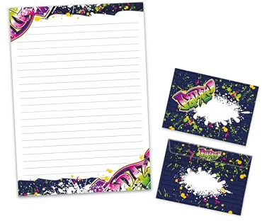 Briefpapier-Set Briefblock mit Umschlag für Jungen Mädchen Kinder Graffiti modern Jugendstil (Block A4 mit 25 Blätter + 15 Umschläge)