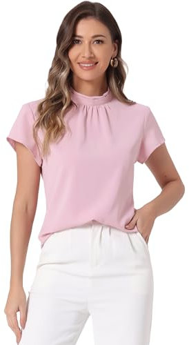 Allegra K Damen Bluse Sommer Kurzarm Stehkragen Chiffon Business Oberteil Flügelärmel Elegant Top Rosa L