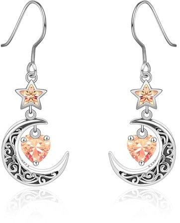 Qings Orecchini Luna con Pendenti Novembre Citrino Argento 925 Orecchini Stella e Luna crescente Celtica con Pietra di Nascita di Cuore per Donne