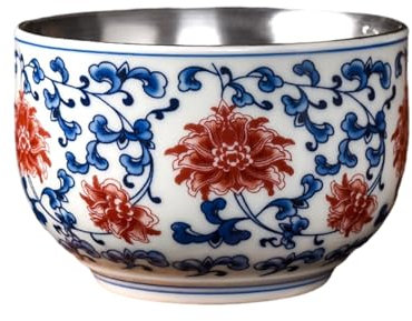 CAPIJIONG Taza de té de plata dorada esmaltada azul y blanca de 160 ml, taza de té antigua de cerámica para el hogar, plata dorada, azul y blanco, rojo bajo vidriado
