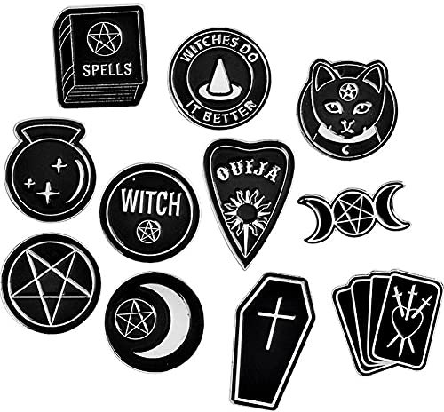 Lpitoy 11 Stück Halloween Pin Brosche Zubehör Punk Dark Black Moon Dolch Herz Kristallkugel Zauber Hexen Sarg Anstecknadel Abzeichen