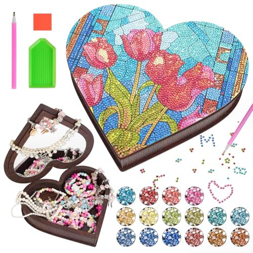 AUAUY Geschenke für Mädchen 6 7 8 9 10 11 Jahre, Diamond Painting Schmuckkästchen Basteln Holz Mädchen, Kreatives DIY Diamond Art Bastelset, Kunst Mosaik Bastelset Kinder Geburtstag Muttertag-B