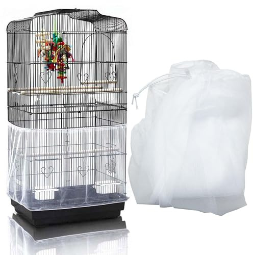 Allazone Einstellbare Vogelkäfig Abdeckung, Universal Vogelkäfig Samenfänger, Schutznetz für Vogelkäfig, Papageien Nylon Mesh Geeignet für Käfige mit Einem Umfang von 190 -300cm, Weiß