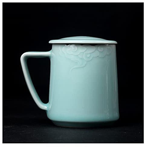 RKVXCJHDR Taza de agua, taza de café de cerámica Celadon con tapa, taza creativa, taza de té simple para oficina, taza de té para el hogar, vaso aislado de 10 onzas (300 ml) (D)