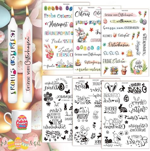 6 Stück Kerzentattoo Ostern Osterhase Kerzensticker Ostern Kerzen Tattoofolie Easter Kerzen Sprüche Tattoofolie Ostern Kerzen Wasserschiebefolie Für Kerzendekoration zu Ostern DIY