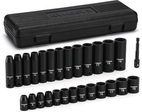 CASOMAN 27 Pieces 3/8-Inch Drive Impact Socket Set, Deep & Shallow, Metric (7mm - 19mm), 6 Point, CR-V Steel
