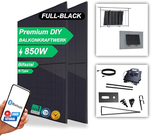HAITAI SOLAR Balkonkraftwerk mit Halterung 850W [Balkon, Gartenhaus, Flachdach] - 800W Komplett Steckdose – 2x 425W Bifacial TOPCon N-Type Solarmodule, APsystems EZ1-M 800W Mikro-Wechselrichter, Kabel