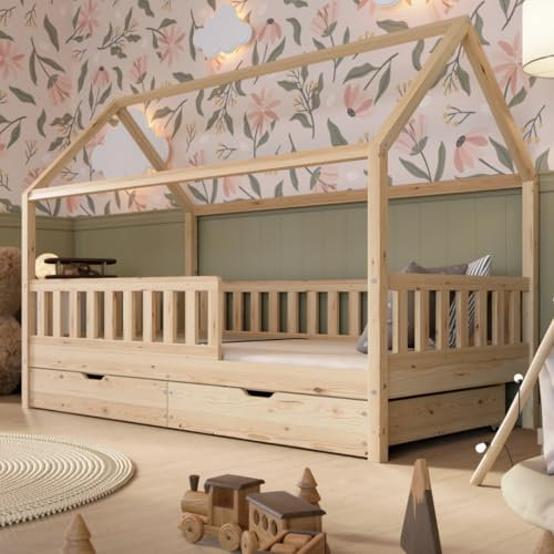 Crazy Pine Hausbett mit Schubladen 80x160 cm – Kinderbett aus Naturholz mit Rausfallschutz – Skandinavisches Design, Montessori Bodenbett mit zusätzlichen Stauraum - Crazy Blanco