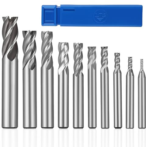 HSEAMALL Juego de 10 fresas de vástago HSS, fresadora de cuatro labios, fresadora de metal CNC, 4 flautas, fresa en espiral, 2-12 mm, juego de brocas para trabajar el metal para acero inoxidable
