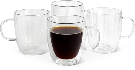 Amazon Basics Tazze Mug da Caffè in Vetro a Doppia Parete, Set di 4 Pezzi, 382ml, Lavabili in Lavastoviglie