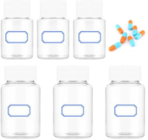 6Pcs Clear Pill Bottle Empty Plastic Pill Containers Medicine Reagent Chemical with Screw Caps Wide Mouth Lab Bottle Sealed Leak-proof for Pill Vitamins with Label Travel for Liquid Solid Powder