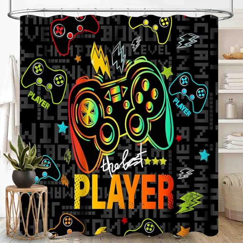 TKUYO Tenda da doccia per il bagno, colorata, motivo graffiti, controller, videogiochi, gamepad, rinfrescante, divertente, in tessuto impermeabile, con ganci, 182,9 x 198,1 cm