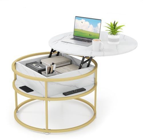 COSTWAY Round Lift Up Top Coffee Table, 2-Tier Faux Marble Lifting Cocktail Center Table with Hidden Storage Compartment and Shelves, 80cm Gold Metal Frame Accent Sofa Side Tea Tables for Living Room