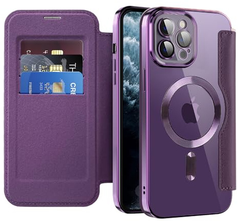 IMEIKONST Flip Wallet Case for iPhone 11 Pro Max Cover, Purple JDCX | RFID Blocking Card Holder, Camera Lens Protection, Magnetic Transparent TPU Back, Compatible with MagSafe, PU Leather