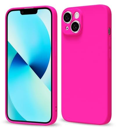 Svaove for iPhone 13 Phone Case Liquid Silicone, Thin Ultra Slim Minimalist Phone Cover, Girly Cute Plain Bright Solid Color Matte Soft Rubber Jelly Gel Plastic TPU Bumper, Neon Hot Pink